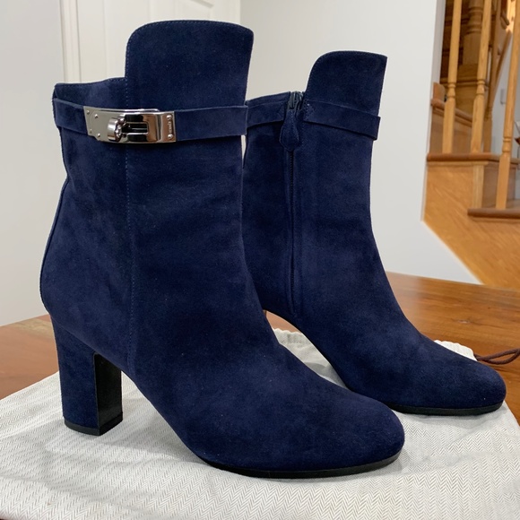 Hermes Shoes | Authentic Hermes Boots Saint Germain Ankle Boots Kelly Lock 39 US 9 Navy Suede | Color: Blue/Silver | Size: 9 | Closet_Swap500's Closet